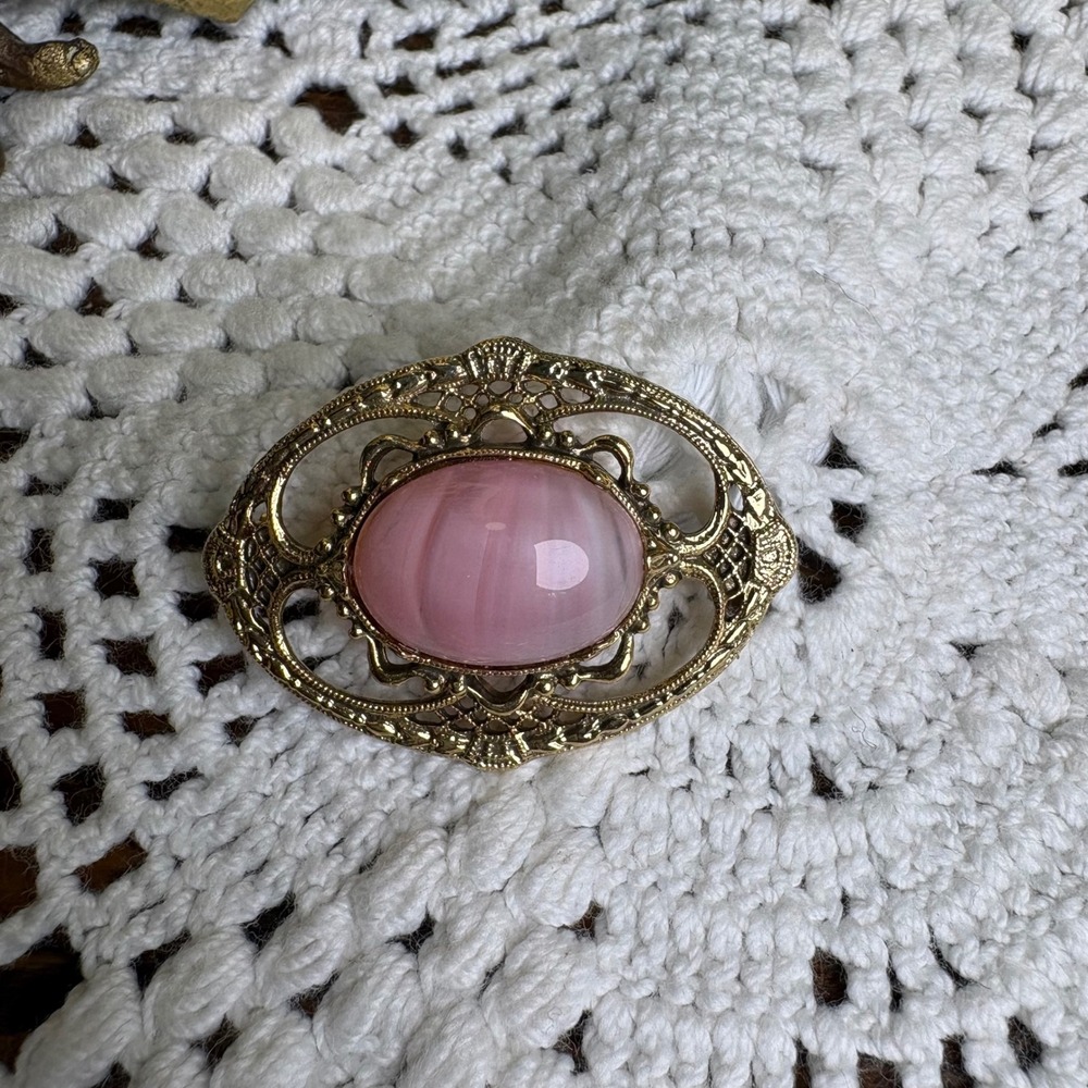 Vintage 1928 Pink Brooch Coquette Victorian Style Filigree Gold Tone Metal